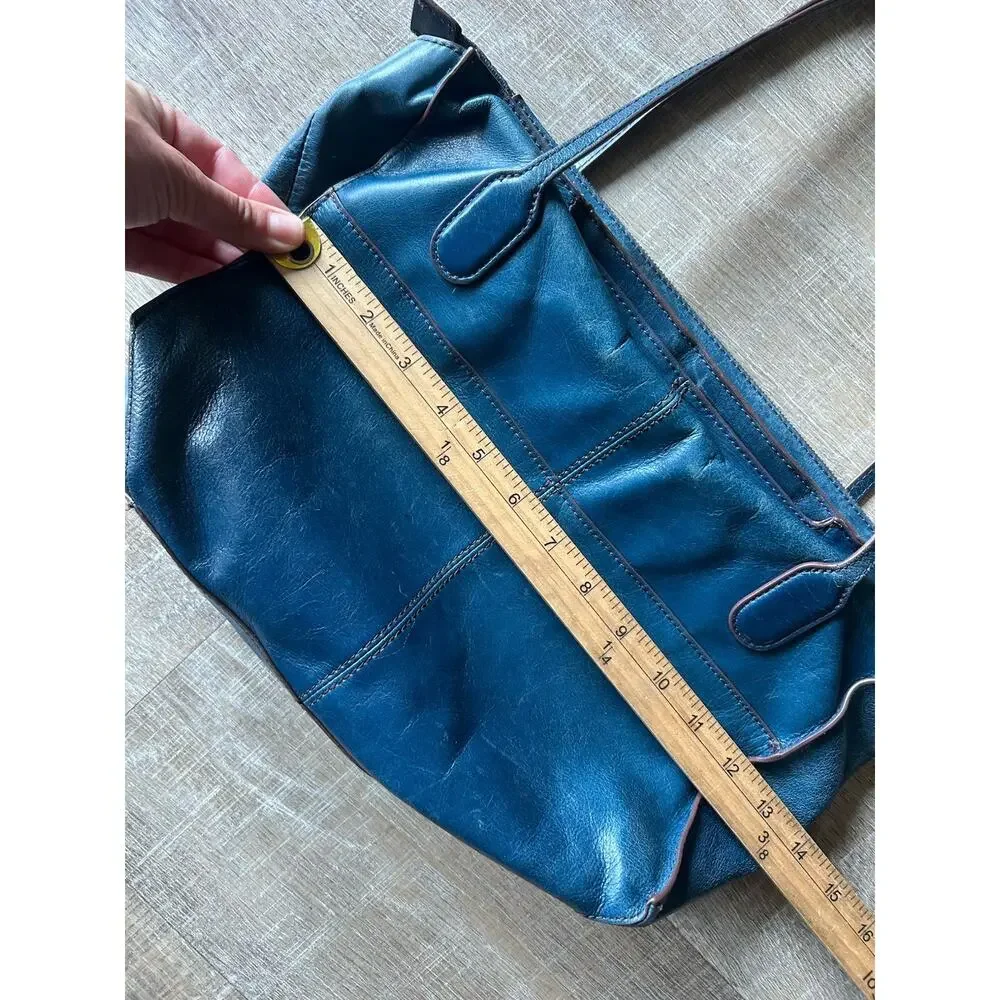 HOBO Leather Shoulder Tote Bag Blue Teal Zip Top Floral Lining Medium + Dust Bag